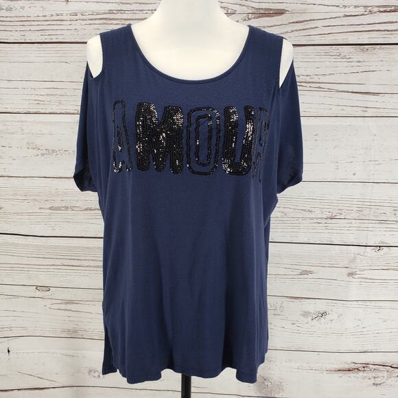 Juicy Couture Navy Blue Sequin Cold Shoulder Top Blouse Size Large - Picture 1 of 11
